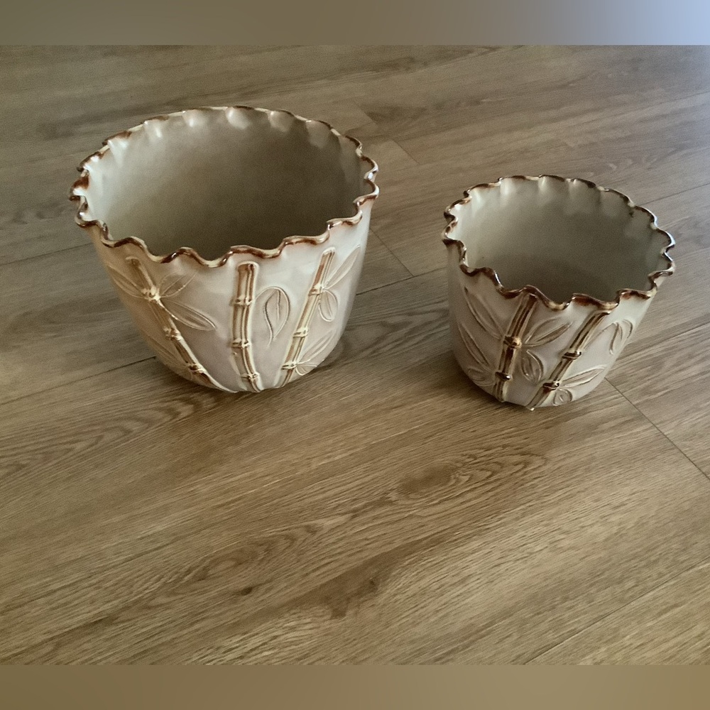 2 x Vintage Planter Pots, Ceramic, Cream & Brown Set Decorated With Bamboo